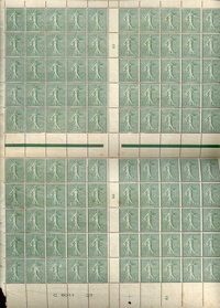 Semeuse 15ct olive, Type IV, feuille complète de 1923 avec impression recto-verso. R