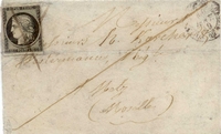 Cérès N°3 oblitéré plume sur pli de 10 janvier 1849, R. Signé Calves.